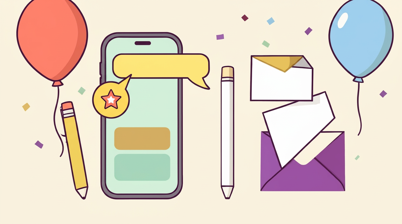 Overhead view of a phone beside cream envelopes, a blank invitation card, a pen and scattered confetti